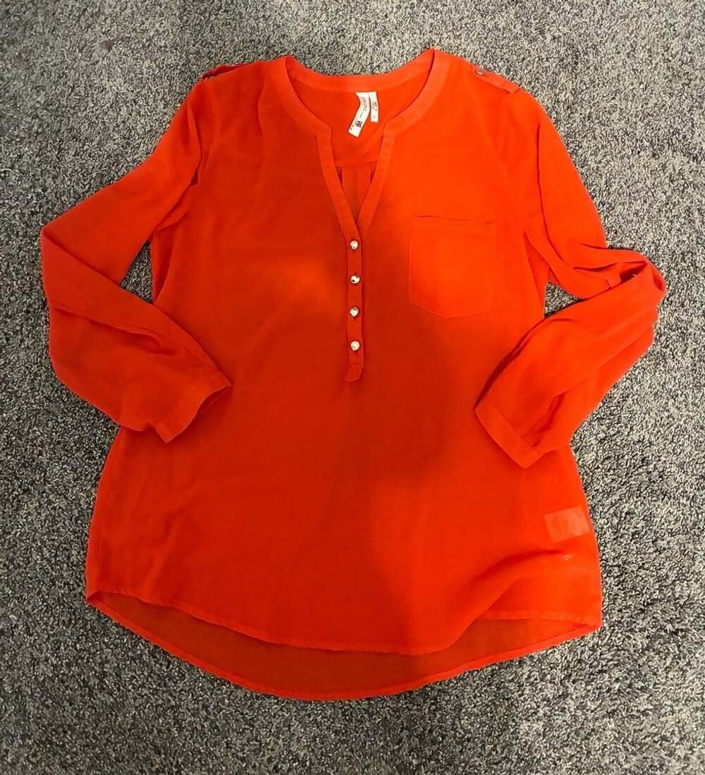 Pink Owl Apparel Orange Long Sleeve V-Neck Button-Front Blouse Size L